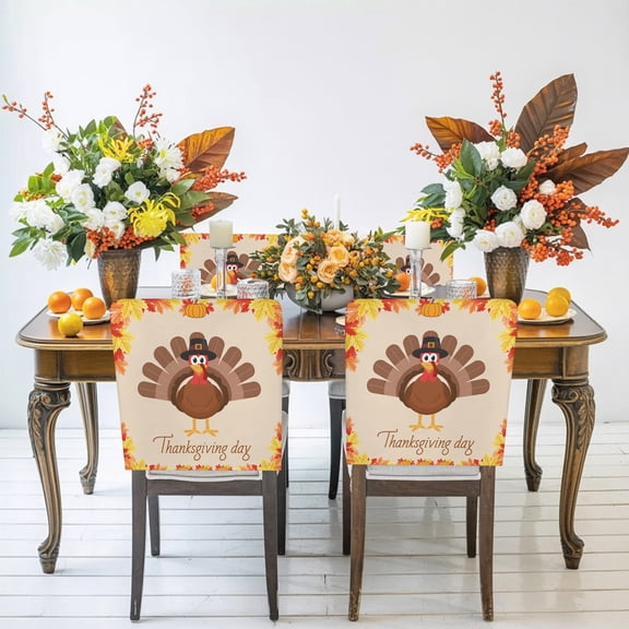 Thanksgiving Day Chair Back Covers Set of 1, Cartoon Turkey Autumn Maple Leaf Harvest Stretch Dining Chair Back Slipcovers Removable Seat Cover for Kitchen Restaurant Hotel Cafe