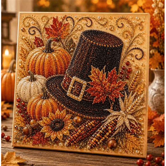 Thanksgiving Day DIY Pearl Diamond Art Kit, Autumn Turkey Horn of Plenty Gem Painting Tabletop Decor DIY Craft Set for Holiday