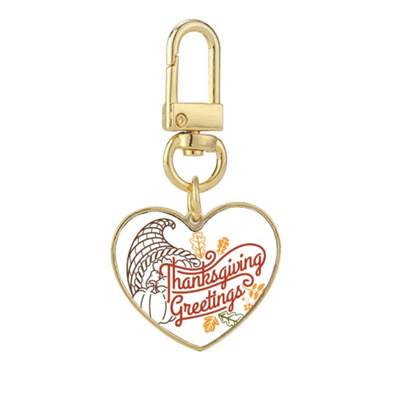Thanksgiving Day Line Drawing Pattern Gold Heart Keychain Metal Keyring Holder