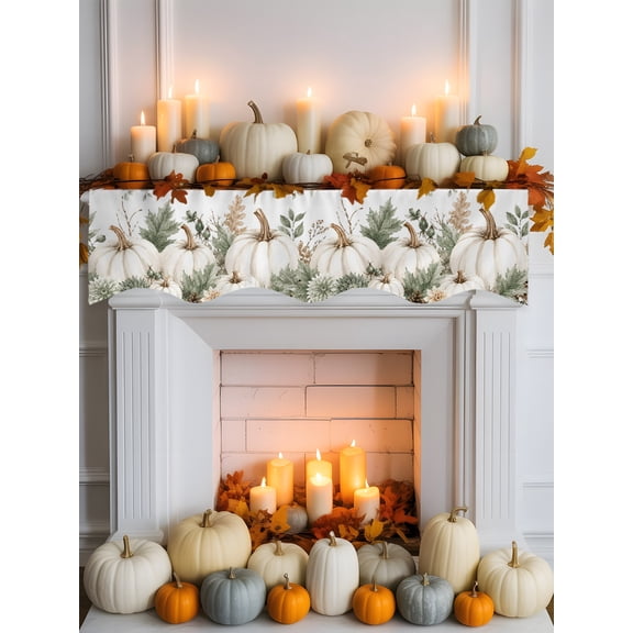 Thanksgiving Day Mantel Scarf for Fireplace 60 x 17 inches Fall Farm White Pumpkins Green Berry Leaf Flower Fireplace Mantle Scarf Cover Autumn Mantel Top Runner for Home Festive Party Supplies