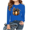 thumbnail image 1 of Thanksgiving Day Outfits Long Sleeve Cotton T-Shirts for Girls Pumpkin Plaid Printed Crewneck Fall Tops Tshirts (3-4 Years, Blue 07), 1 of 5