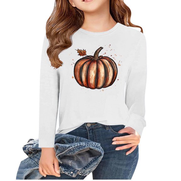 Thanksgiving Day Outfits Long Sleeve Cotton T-Shirts for Girls Pumpkin Plaid Printed Crewneck Fall Tops Tshirts (6-7 Years, White 05)