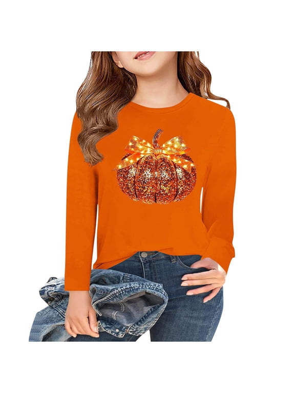 Thanksgiving Day Outfits Long Sleeve Cotton T-Shirts for Girls Pumpkin Plaid Printed Crewneck Fall Tops Tshirts (8-9 Years, Orange 02)