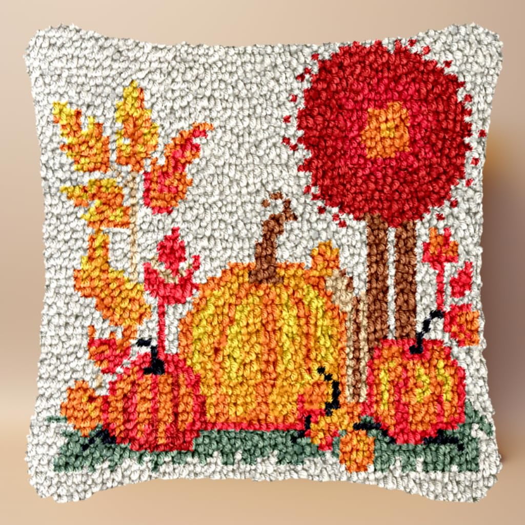 Thanksgiving Day Pumpkin Candle Latch Hook Kits Pillow Crochet Yarn Rug Pre-Printed Cushion Needlework Pillowcase Hook and Latch Kit Home Sofa Decoration 43x43cm(6)
