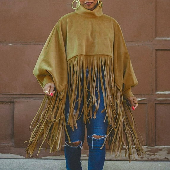 Thanksgiving Day Sales Juebong Women's Turtleneck Lantern Sleeves Tassel Cape Top Fashion Solid Color Cloak Fringes Coat Tops