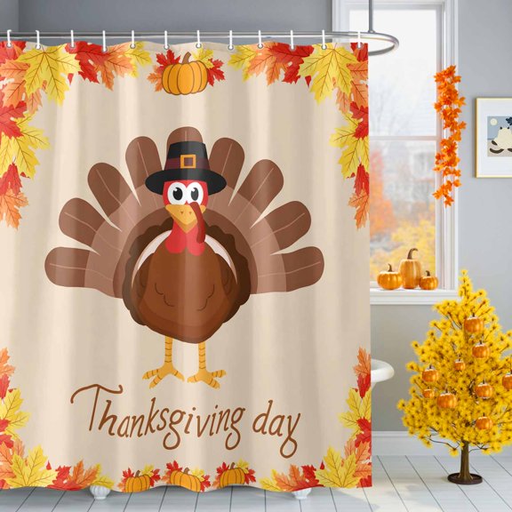 Thanksgiving Day Shower Curtain for Bathroom, Cartoon Turkey Autumn Maple Leaf Harvest Waterproof Machine Washable Shower Curtain Set with Hooks, Bath Decoration for Home Bathtub Stall 54"x78"