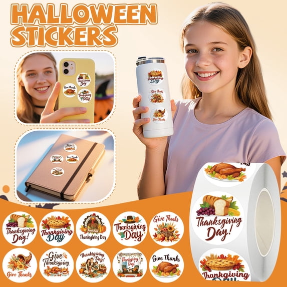 Thanksgiving Day Stickers Roll 1 Inch 500 Pcs, Fall Leaf Pumpkin Turkey Design Round Decals, For Holiday Party Goodie Bags Gift Cards Decoration