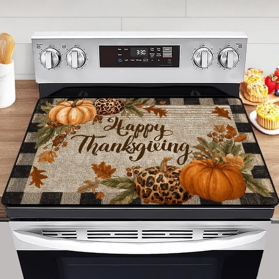 Thanksgiving Day Stove Top Cover for Electric Stove Fall Heat Resistant Glass Cooktop Cover,Check Pattern Glass Cooktop Protector,Autumn Maple Leaves Stove Top Protector