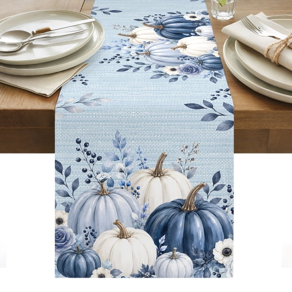 Thanksgiving Day Table Runner, Fall Farm Harvest Blue Pumpkins Berry Flower Leaf Washable Kitchen Table Runners Dress Scarves for Dining Table Decorations Party/Restaurant/Indoor Outdoor Use, 13x70in