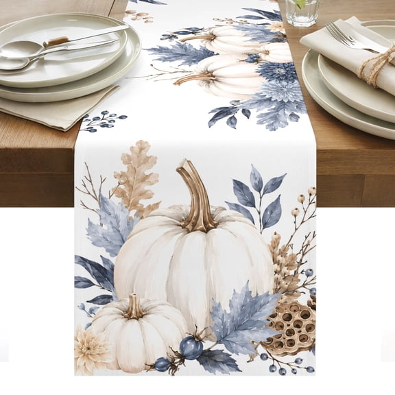 Thanksgiving Day Table Runner, Fall Rustic Blue Flowers White Pumpkins Berry Leaf Washable Kitchen Table Runners for Dining Table Decorations Party/Restaurant/Indoor Outdoor Use, 13x36in