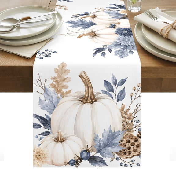 Thanksgiving Day Table Runner, Fall Rustic Blue Flowers White Pumpkins Berry Leaf Washable Kitchen Table Runners for Dining Table Decorations Party/Restaurant/Indoor Outdoor Use, 13x72in
