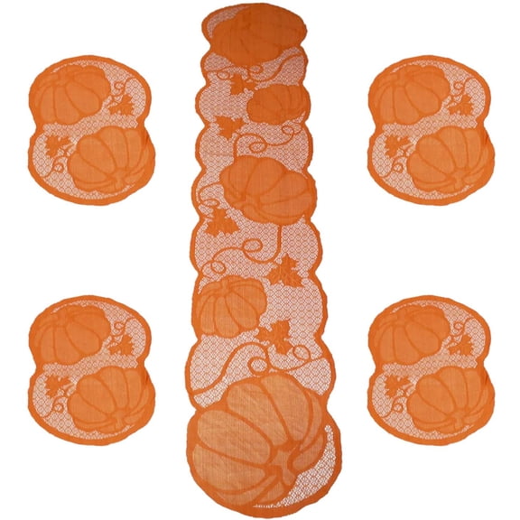 Thanksgiving Day Table Runner and Placemats Set - Fall Pumpkin Maple Lace Table Runner and 4 PCS Placemats for Thanksgiving Party Decoration and Autumn Harvest Home Festive Supplies, 13 X 72 Inch