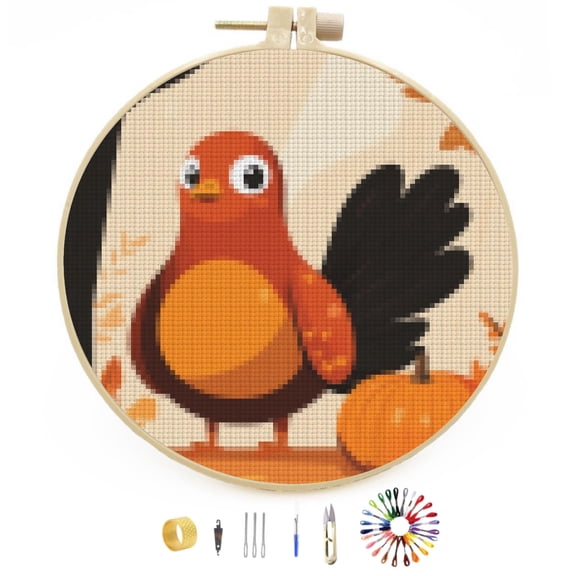 Thanksgiving Day Turkey and Pumpkin DIY Stamped Cross Stitch Kits Easy for Beginners with Hoop 11CT Counted Embroidery Needlepoint Crafts Arts for Handmade Enthusiasts and Home Decor 30x30cm(2)