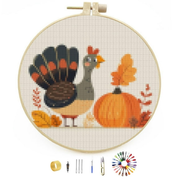 Thanksgiving Day Turkey and Pumpkin DIY Stamped Cross Stitch Kits Easy for Beginners with Hoop 11CT Counted Embroidery Needlepoint Crafts Arts for Handmade Enthusiasts and Home Decor 30x30cm(4)