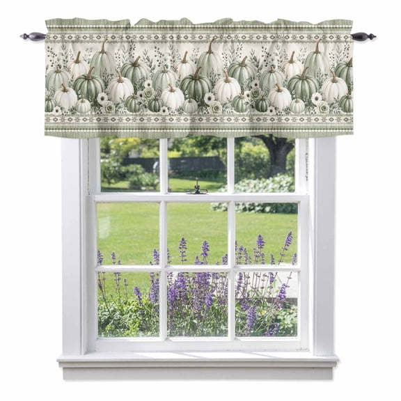 Thanksgiving Day Valances for Windows, Fall Green White Pumpkins Berry Leaf Floral Stripe Valance Window Treatment Rod Pocket Short Curtains Valances for Kitchen Bathroom 42"W x 12"L