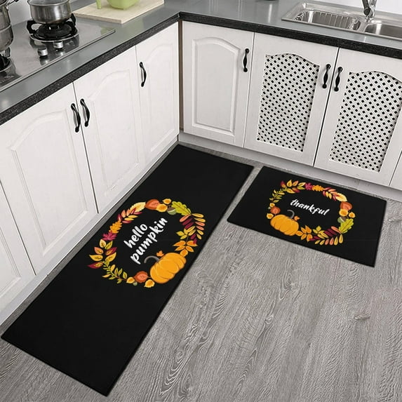 Thanksgiving Decor Kitchen Mat and Rug Set Halloween Pumpkin Kitchen Rugs Witches Non Skid Washable,Floor Cushion Waterproof Rug,Rubber Backed Area Rugs for Kitchen Sink
