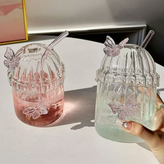 Thanksgiving Decoration Ribbed Glass Cups Drinking Glasses with Butterfly Creative Vintage Ribbed Glassware Wavy Drinking Glasses Ripple Drinking Glasses