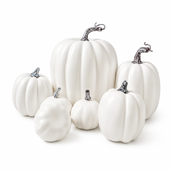 Thanksgiving Decoration White Pumpkin Set, 7PCS Artificial Pumpkins Table Decor with Multiple Sizes for Fall Harvest Home Display