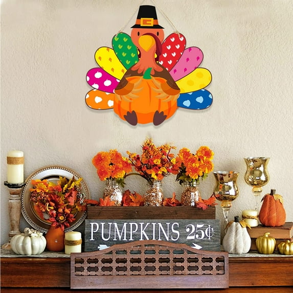 Thanksgiving Decoration Wooden Turkey Pumpkin Door Wreath for Front Door Sign Wall Signs, Thankful Blessed Grateful Pumpkin Sign Hanging for Fall Autumn Harvest Home Halloween Decoration
