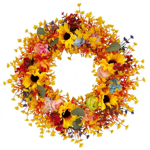 Fall Wreath Thanksgiving Decorations-18inch Fall Wreath with Sunflower Maple Leaf for Front Door - Autumn Wreath Artificial Wreaths with Flower for Thanksgiving Halloween Harvest Festival Home Decor