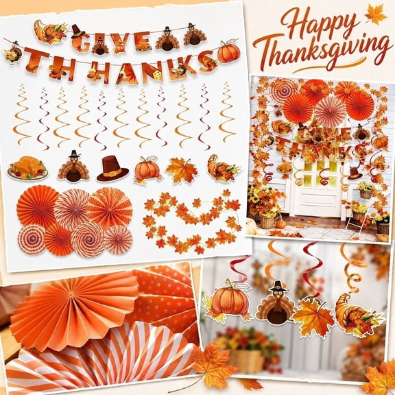 Thanksgiving Decorations Fall Party Decorations Set with Paper Fans Hanging Swirls Thanksgiving Banner for Home Wall Harvest Party Indoor Autumn Decor 40 Piece Full Set