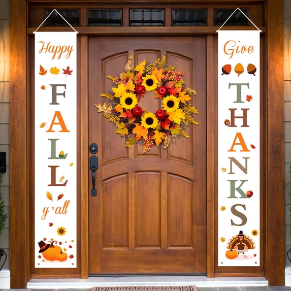DAZONGE Thanksgiving Decorations, Happy Fall Y'all & Give Thanks Porch Banner Sign, Fall Autumn Thanksgiving Party Yard Front Door Hanging Decor
