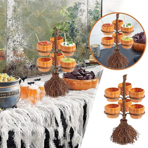 Thanksgiving Decorations Indoor Fall Decorations for Home Halloween Pumpkin Snack Bowl Stand Collapsibles Candy Trays On Brooms for Serving Cupcakes And Desserts Party Decorations