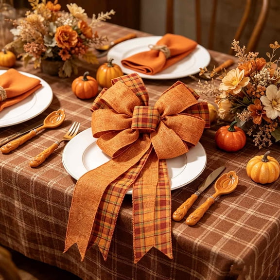 Thanksgiving Decorations Large 19.69 Inch Faux Ribbon Bow with Pumpkin Print and Plaid, Orange Polyester Wreath Bow for Front Door, Holiday Home Decor, Halloween and Fall Season