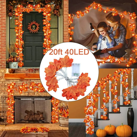 Thanksgiving Decorations Maple Leaf Light String Halloween Garden Party Room Decoration LED Maple Leaf Light String 20Ft/40 Lights 3AA Constant Light + Flash (Without Battery)