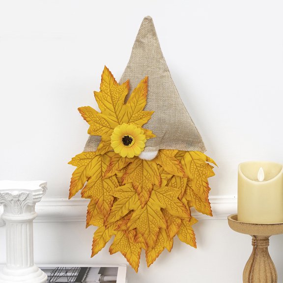 Thanksgiving Decorations Wall Decus, 40cm Green Fabric Maple Leaf Wreath Hanging with Bead Donative