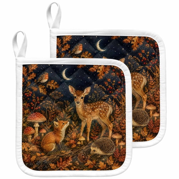 Thanksgiving Deer Pot Holders for Kitchen Heatproof Potholder, 2 Pack Fall Orange Fox Hedgehog Mushroom Hot Pads Multipurpose Oven Pads Terry Cloth Potholders Trivet for Cooking and Baking