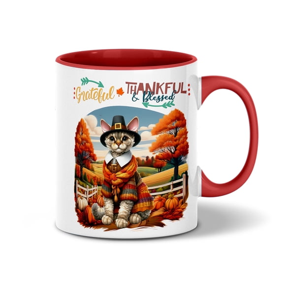 Thanksgiving Devon Rex Pilgrim Grateful, Thankful, Blessed Fall Welcome 11oz Accent Two-tone Mug Cat Lover Kitten Owner Gifts Coffee Tea Cup - 00021