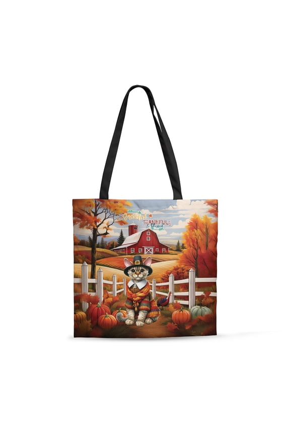 Thanksgiving Devon Rex Pilgrim Grateful, Thankful, Blessed Fall Welcome All Over Print 3D Canvas Tote Bag Cat Lover Kitten Owner Gifts Reusable Handbag - 00021
