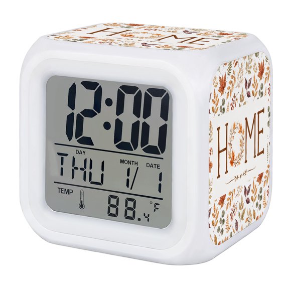 Thanksgiving Digital Alarm Clock for Bedrooms, Smart LED Alarm Clock with 7 Color Changing Night Light, Fall Maple Leaves Botanical HOME Rustic Silent Wake Up Clocks for Sleep Study Cooking 3.2"x3.2"