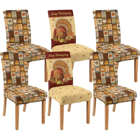 Thanksgiving Dining Chair Covers Set of 6, Turkey Parsons Chair Slipcover Fall Pumpkin Stretch Chair Protectors Covers, Washable Kitchen Chair Seat Covers for Dining Chairs Autumn Holiday Decor Gifts