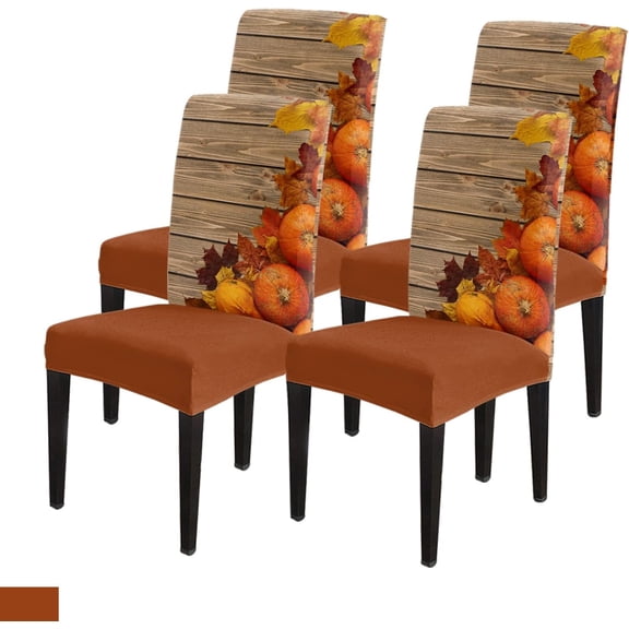 Thanksgiving Dining Chair Slipcover, Autumn Orange Pumpkin Maple Leaves Rustic Old Wooden Brown Stretch Covers Removable Parsons Protector for Kitchen Room Party, Set of 4