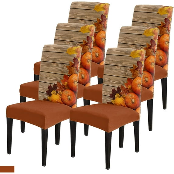Thanksgiving Dining Chair Slipcover, Autumn Orange Pumpkin Maple Leaves Rustic Old Wooden Brown Stretch Covers Removable Parsons Protector for Kitchen Room Party, Set of 6