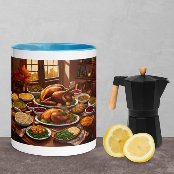 Thanksgiving Dinner Mug with Color Inside - 11 Ounces (Blue)