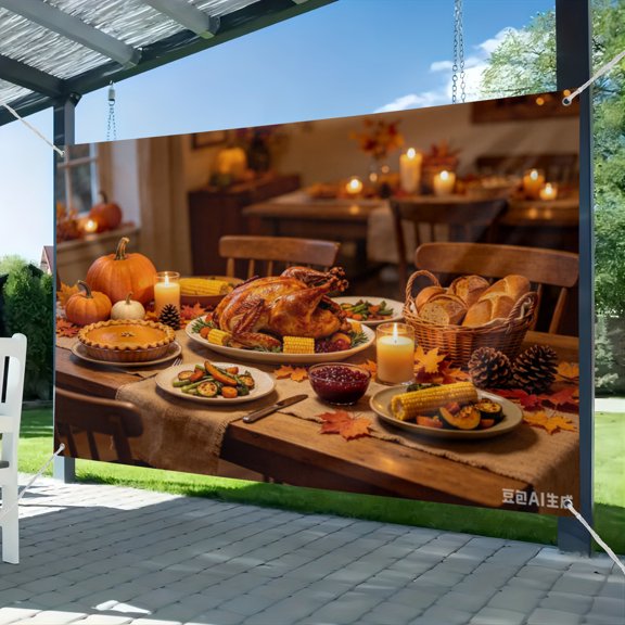 Thanksgiving Dinner Table Backdrop, Warm Rustic Fall Dining Scene Photo Background, Holiday Family Portrait Decor Banner