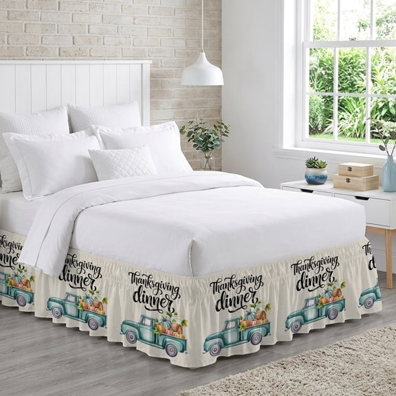 Thanksgiving Dinner Truck Bed Skirt California King Size 18 Inch Drop, Autumn Green Truck Pumpkin Maple Leaf Linen Adjustable Elastic Dust Ruffles Bedskirt Wrap Around Pleated Mattress Frame Cover