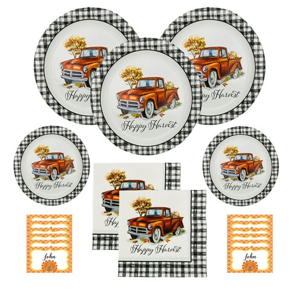 Thanksgiving Disposable Dinnerware Set for Your Holiday Party - Large Round Dinner Plates, Dessert Plates and Napkins with Place Cards - Truck Harvest - Fall Party Kit (Service for 18)