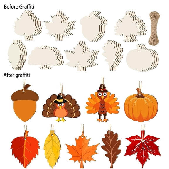 Thanksgiving Diy Hanging Ornaments - 45Pcs Wooden Slices With 45Pcs Hanging Ropes, Fall Leaf Pumpkin Acorn Shapes For Home Decor, Thanksgiving Party, Classroom Crafts, Diy