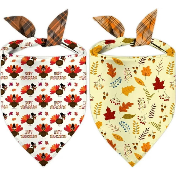 Thanksgiving Dog Bandana - Pumpkin Turkey Scarf, Fall Autumn Leaves Bandanas for Medium Large Dogs Pets, Triangle Reversible Fall Pet Scarf