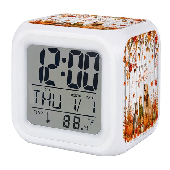 Thanksgiving Dog Cat Digital Alarm Clock for Bedrooms,Smart LED Alarm Clock with 7 Color Changing Night Light,Fall Pumpkin Maple Leaves Wooden Silent Wake Up Clocks for Sleep Study Cooking 3.2"x3.2"