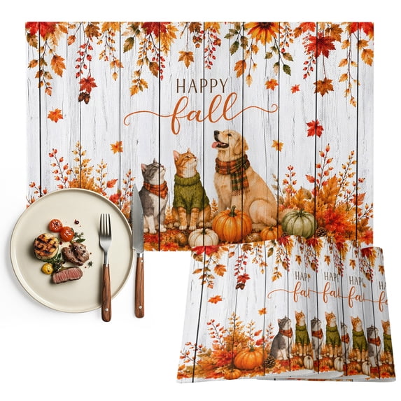 Thanksgiving Dog Cat Placemats Set of 2, Fall Pumpkin Maple Leaves Wooden Washable Wipeable Table Mats for Dining Tables, Indoor Outdoor Kitchen Place Mats for Holiday Party Table Decor