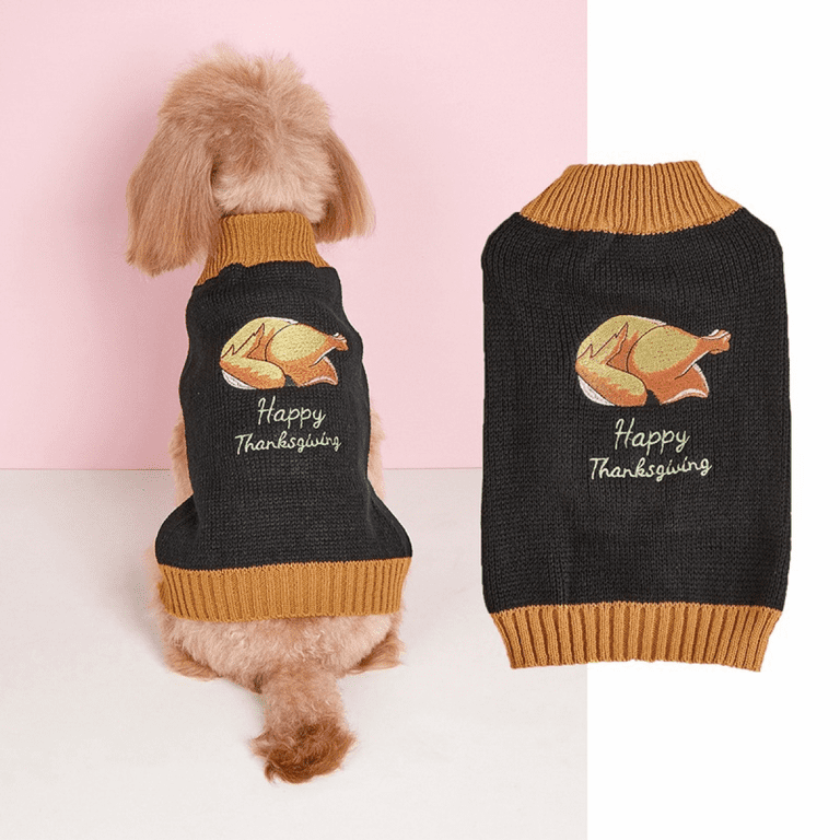 Thanksgiving Dog Sweater Apparel Turkey Plaid Knit Mid-High Neck