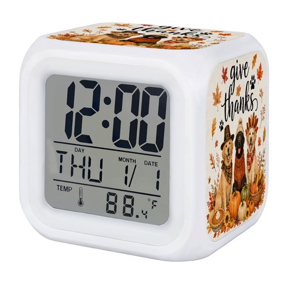 Thanksgiving Dogs Digital Alarm Clock for Bedrooms,Smart LED Alarm Clock with 7 Color Changing Night Light,Fall Orange Green Pumpkin Maple Leaves Silent Wake Up Clocks for Sleep Study 3.2"x3.2"