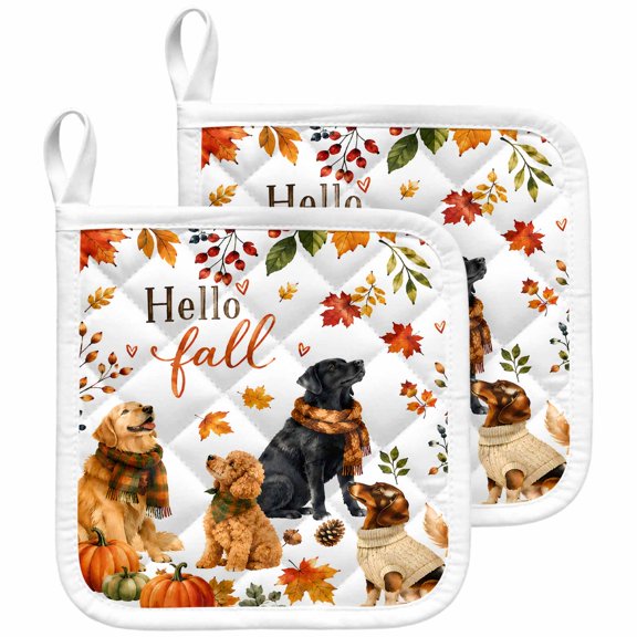 Thanksgiving Dogs Pot Holders for Kitchen Heatproof Potholder, 2 Pack Fall Animals Falling Maple Leaves Hot Pads Multipurpose Oven Pads Terry Cloth Potholders Trivet for Cooking and Baking