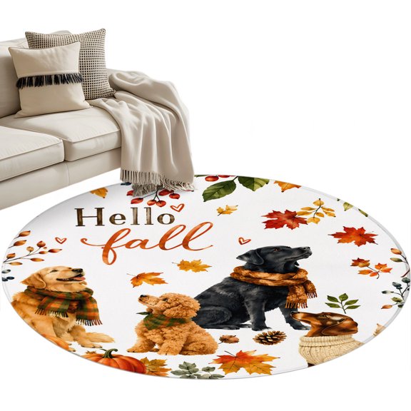 Thanksgiving Dogs Round Rug 3ft Washable Circle Entryway Rugs Non Slip Fall Animals Falling Maple Leaves Area Rug Indoor Floor Carpet for Bedroom Kitchen Living Room Home Office Dining Room Nursery
