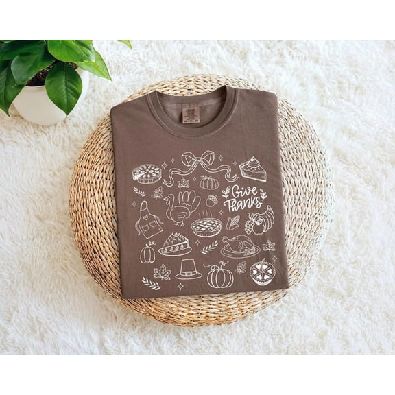 Thanksgiving Doodle Shirt, Give Thanks Tshirt, Fall Thankful Tee, Women's Autumn Gift